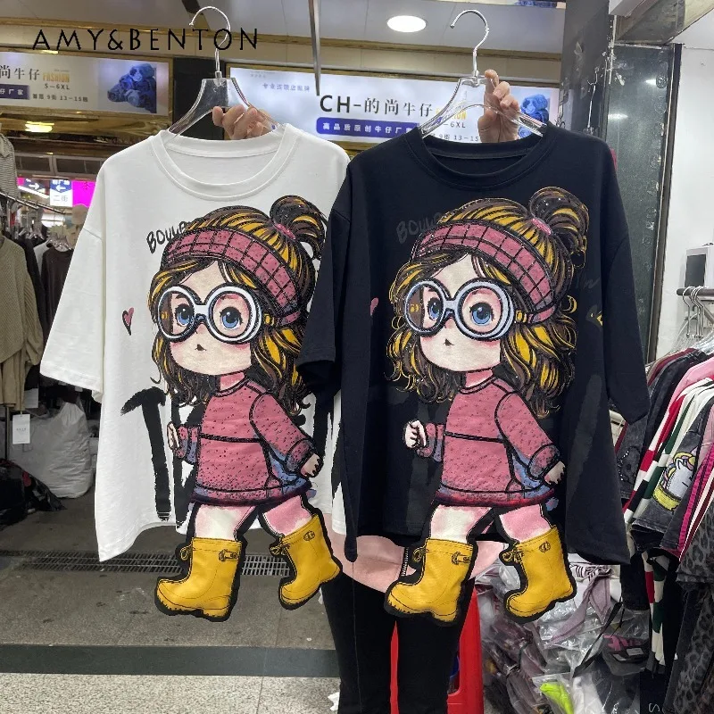 

2026 New European Style Cartoon Glasses Girl Printed T-shirt For Women's Loose Slimming Versatile Top Pullover Y2k Clothes Tees