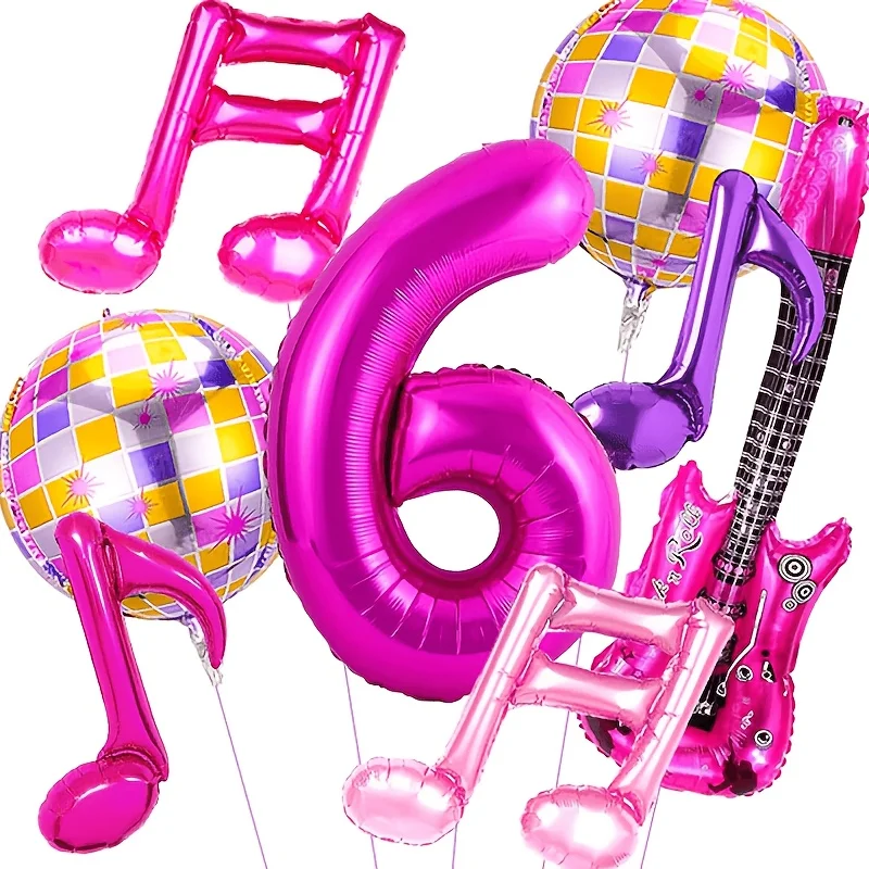 8 Stück Musiknoten-Gitarren-Discokugel-Ballons 32 Zoll Rosenrote Zahlen 1-9 Ballon-Set Musik-Themen Geburtstagsparty-Dekorationen – Detail 6