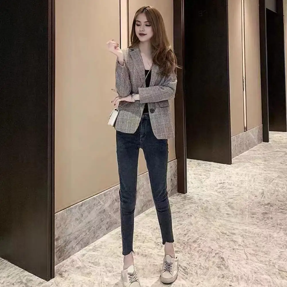 

Soft Women Suit Coat Plaid Print Women's Suit Coat with Lapel Flap Pockets Stylish Business Outwear for Spring Autumn Lapel Long