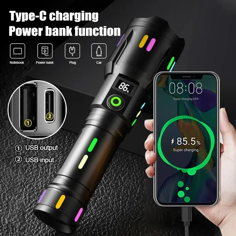 3000 Meter Long-Range White Laser Flashlight with Luminous Strips TYPE-C Rechargeable Camping Torch Zoomable Search Spotlight