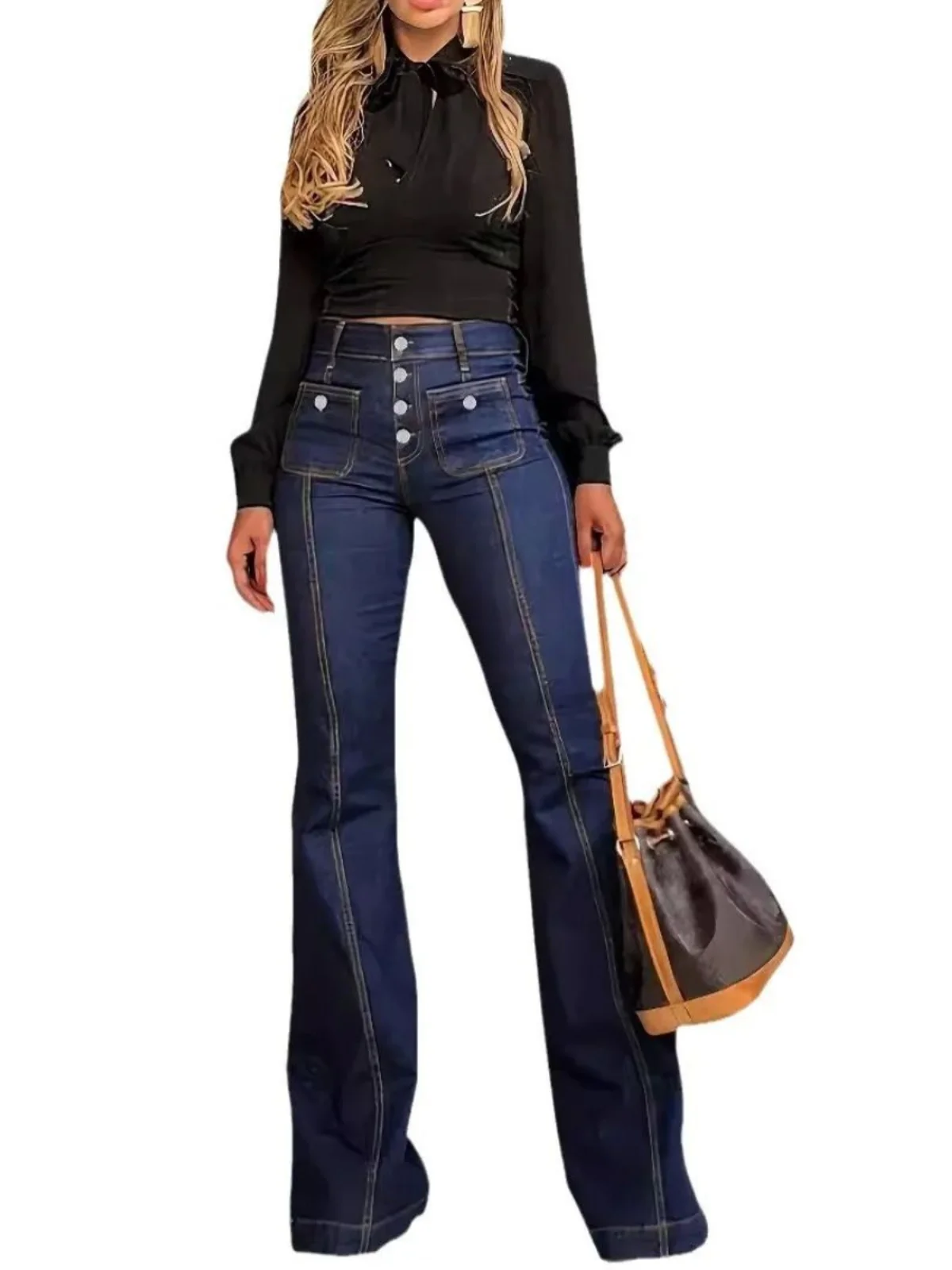 캐주얼 하이웨이스트 플레어 팬츠 버튼 디테일 부츠컷 트라우저 여성 루즈핏 패셔너블 포켓 디자인 가을 컬렉션