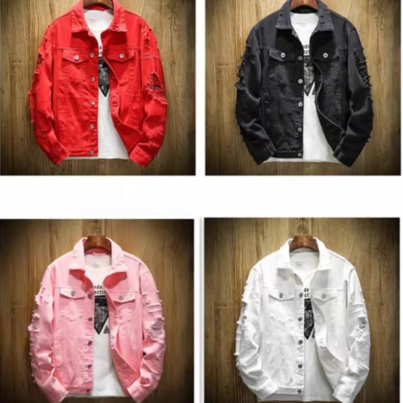 New Fall Men's Denim Jacket, Casual Japanese Style Flat Collar Single-Breasted Ripped Cardigan, Oversized Couples Outerwear