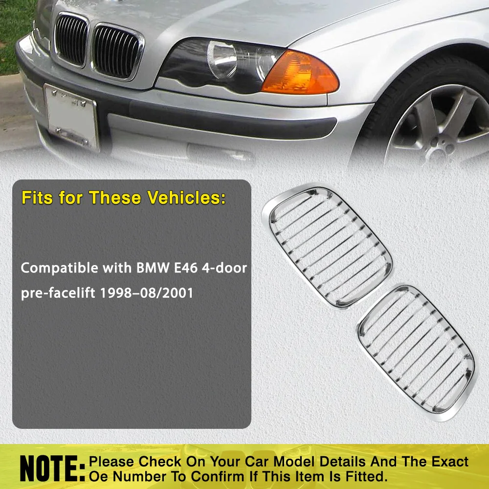 

2Pcs Chrome Front Hood Kidney Grille Grill for BMW E46 4-door pre-facelift 1998–08/2001 51138208489 51138208490