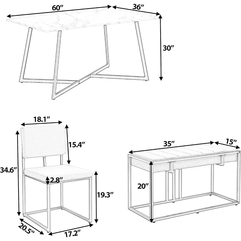 6-Piece Dining Table Set, Metal Kitchen Table Set with 4 Dining Chairs and Bench, Modern Faux Marble Dining Room Set for Kitchen