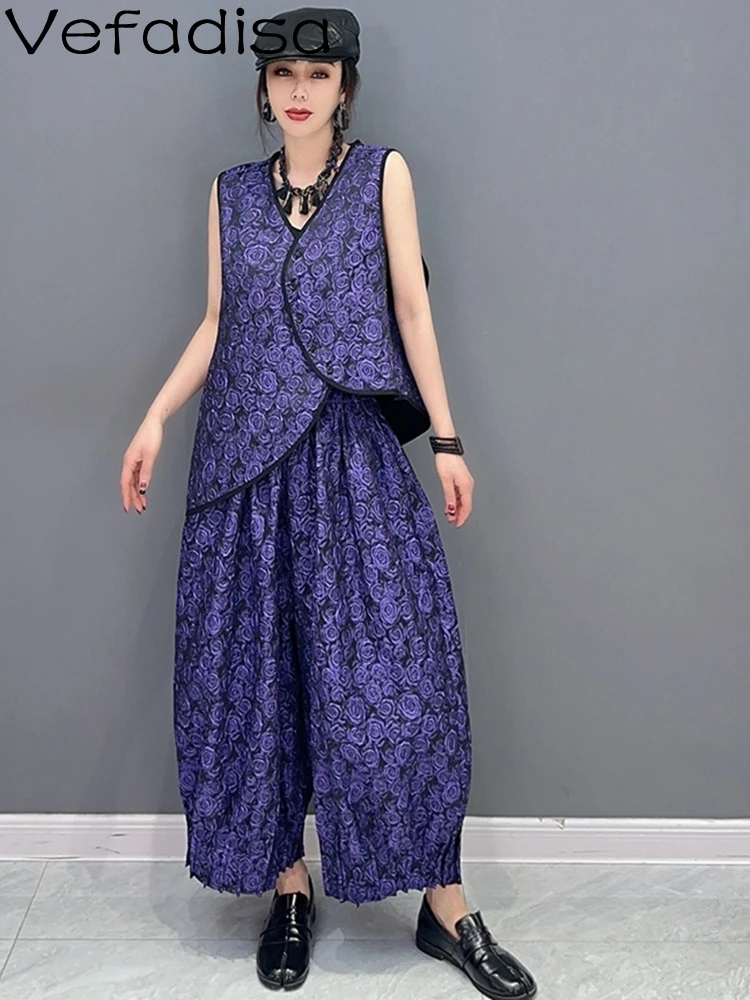 Vefadisa 2024 Summer New Chinese Style Sleeveless Vest Top Casual Long Two Piece Set Asymmetric Women Matching Suit Purple ZY368