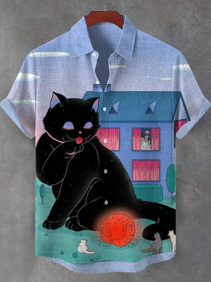 Camisa havaiana com estampa de gato engraçado masculino, camisa havaiana com estampa completa 3d para homens e mulheres, verão, manga curta, lapela, camisa aloha