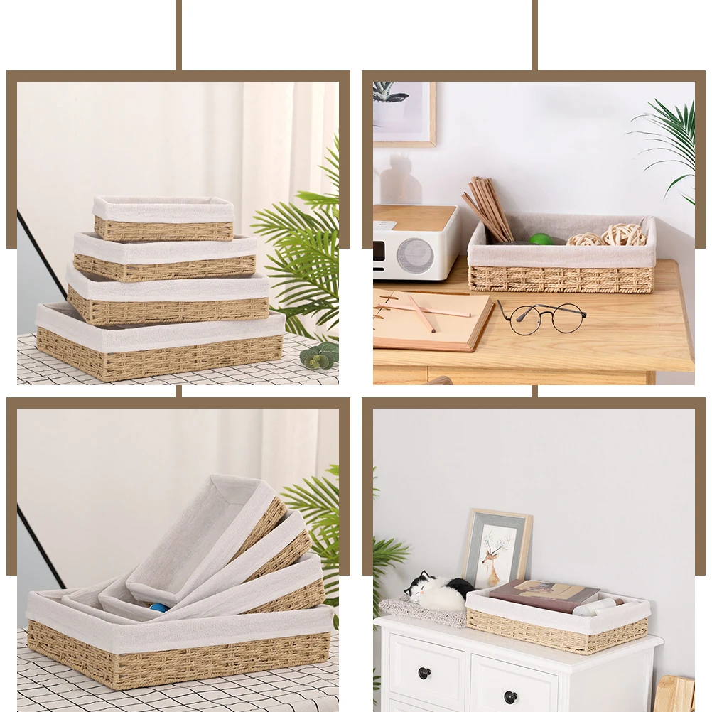 

Rattan Storage Basket Woven Paper Rope Small Beige Household Organizer Bedroom Bathroom Study Room Desktop Solution