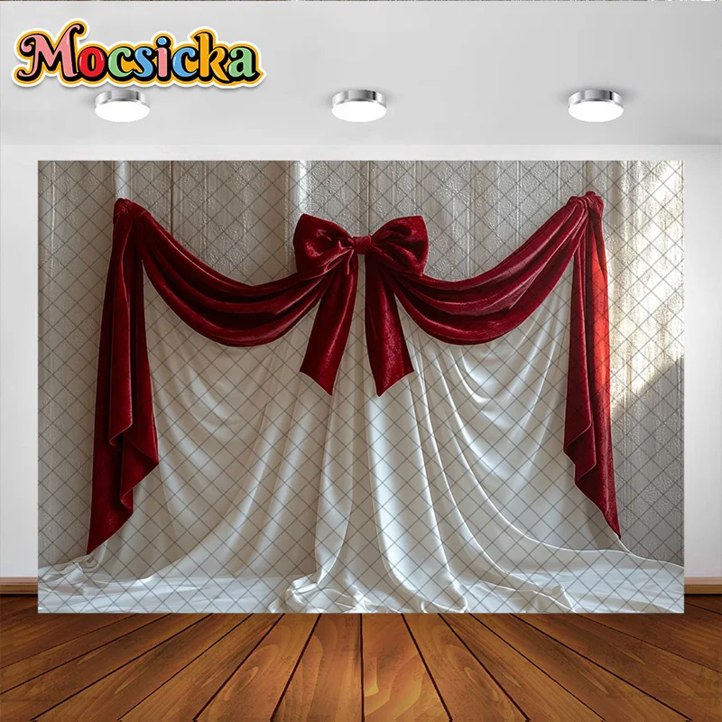 Mocsicka التصوير خلفية الشريط الأحمر القوس الحلو الفتيات حفلة عيد ميلاد استحمام الطفل خلفية لوازم الديكور استوديو الدعائم