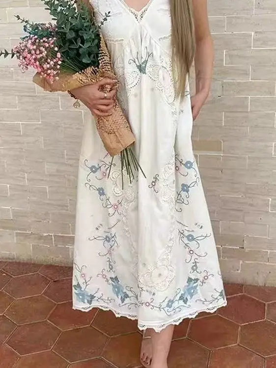 American Style Island Vacation Floral Embroidery Cotton Linen Strap Dress High Waist Loose Fit V Neck Summer Women's Dress