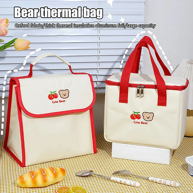 Cute Lunch Bag Large Capacity Canvas Anti-cooling Handbag Aluminum Foil Insulated Food Box Office Worker Portable Bento Bag