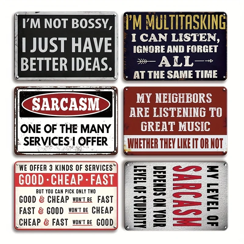 6pcs Vintage Sarcastic Quotes Metal Tin Signs - Humorous Retro Wall Decor for Man Cave, Office, Garage, Bar, Kitchen & Bedroom - Waterproof & Dustproof, 12