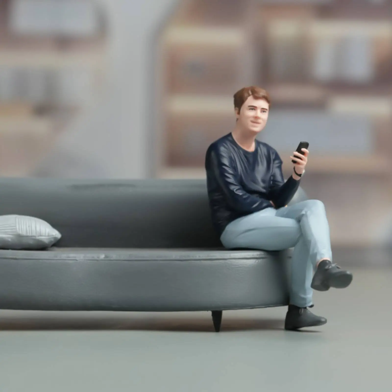 

Miniature Man with Phone Highly Detailed Seated Man Figurine Painted Male Character Model Handmade Craft Scale Model Person