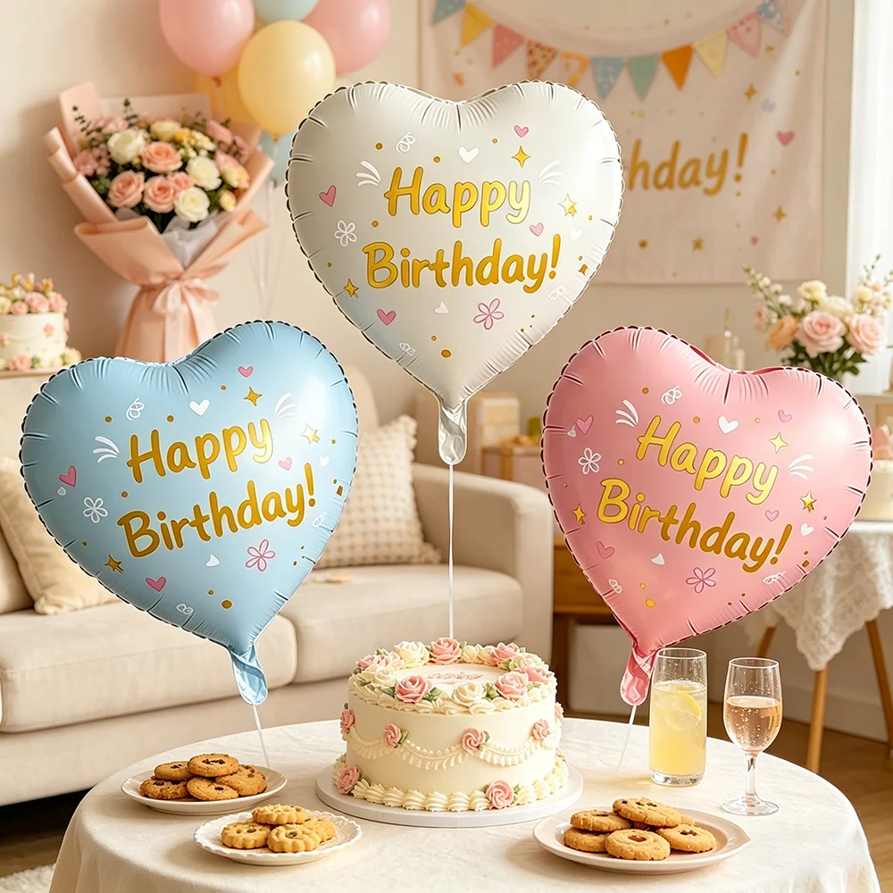 

18inch Macaron Heart Foil Balloon Happy Birthday Printed Aluminum Film Balloon Blue Pink White Color Helium Balloon Baby Shower