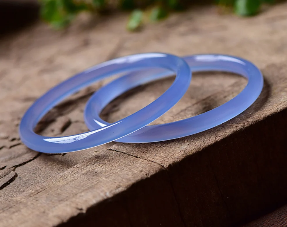 2021 Natural Blue Chalcedony Agate Round Thin Bar Bracelet Beauty Jewelry Accessories Lucky Gift Jade Stone Bangle