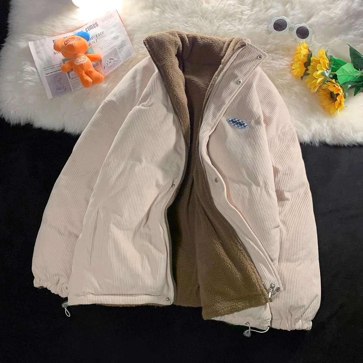 2024 Winter Women Corduroy Jacket 2000s Vintage Lamb Fleece Cotton Coat Fashion Thick Warm Clothes Loose Double-Sided Outerwear