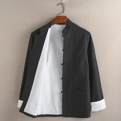 Chinese Style Cotton Men's Tang Suit Long-Sleeved Jacket Plus Size Men's Hanfu Shirt Vintage Stand Collar Kung Fu Blouse Coat