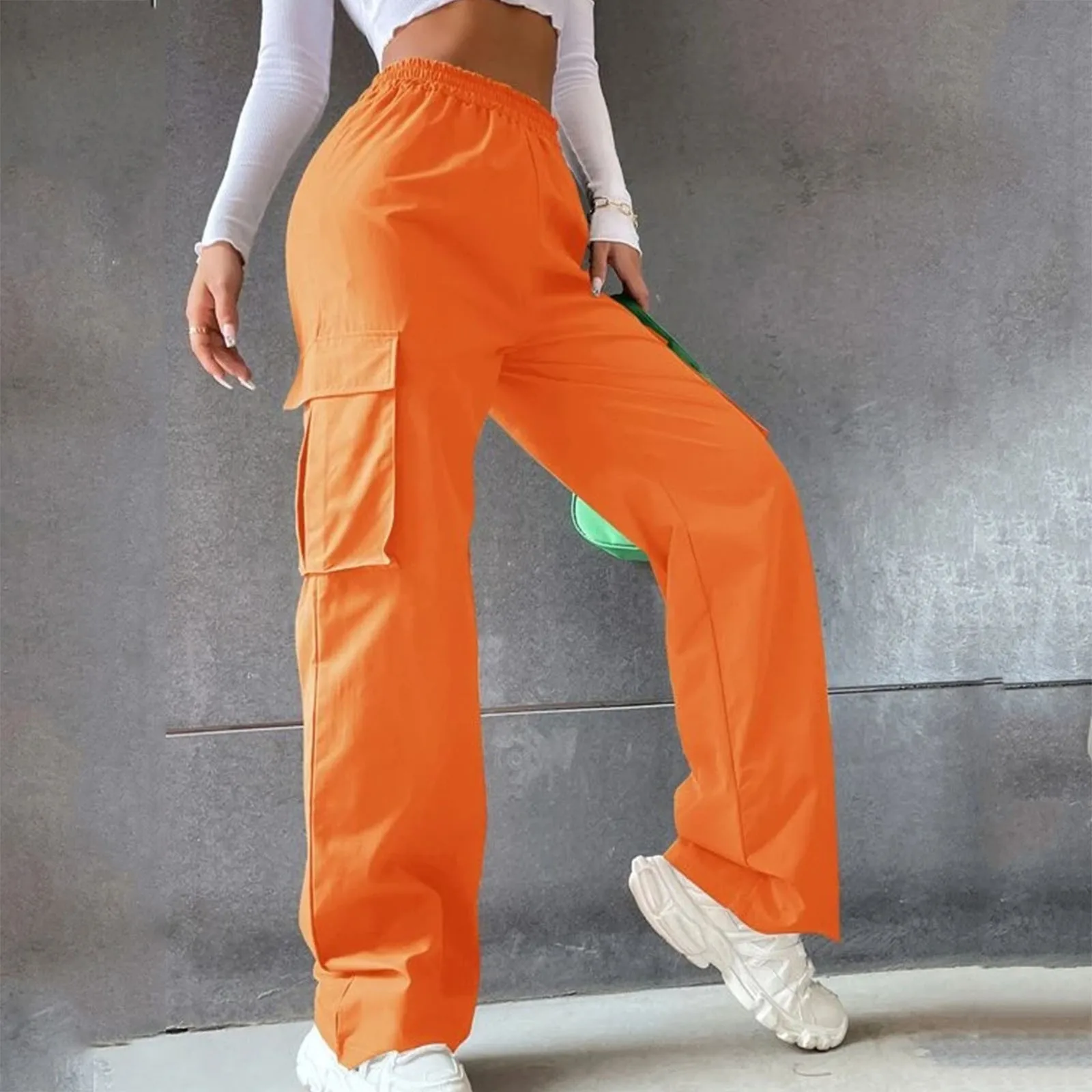 Women Casual Cargo Pants Fashion Solid Overalls Mid Waist Elastic Waist Loose  Relaxed Style Streetwear Trousers