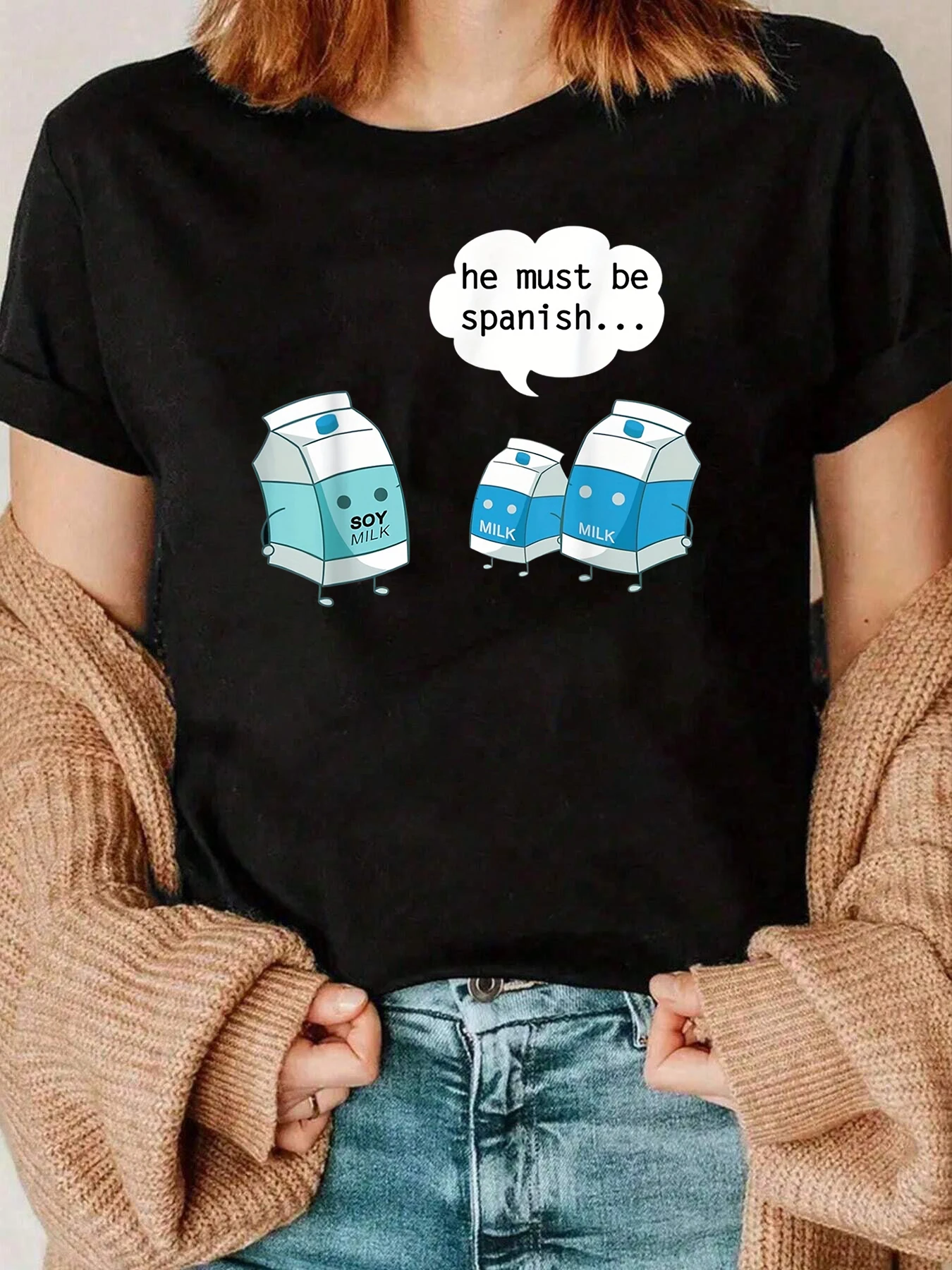 ミルクカートン スペイン語ジョークプリント Tシャツ ハロウィン カジュアルウェア レディース 220g