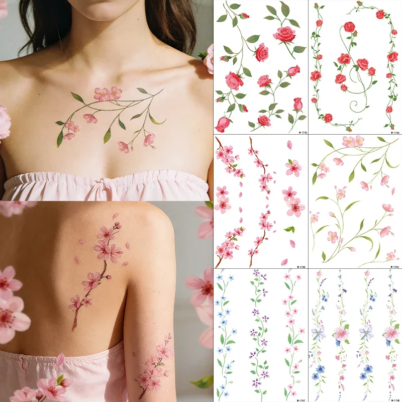 

Spring Summer Flowers Temporary Tattoo Sticker Waterproof Cherry Blossoms Roses Tattoo Sticker For Women Fake Tattoo Sticker