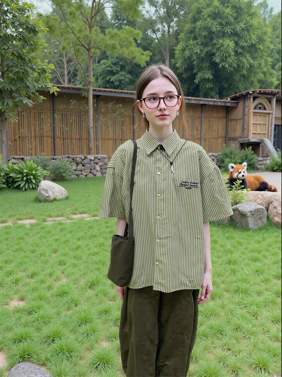 قصيرة الأكمام النساء قمصان الحفلات السيدات مخطط خط عمودي طباعة زر الجبهة عادية بسيطة الأساسية الحد الأدنى قمة الموضة #6