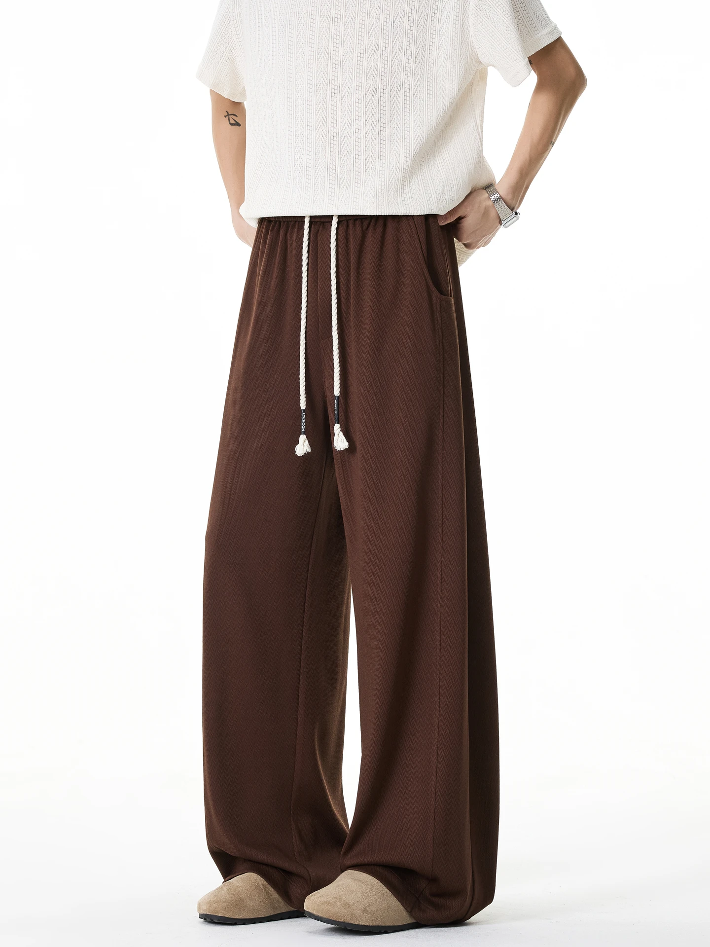 

Trendy Pure Color Dstring Elastic Loose Wide Leg Casual Pants Men's Vintage Loose Versatile Loose Fit Sweatpants