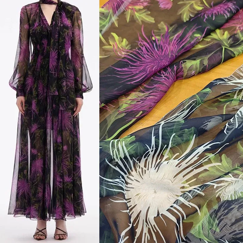 

Fashion Show Purple Chrysanthemum Flower Printed Thin Chiffon Fabric For Woman's Dress Blouse DIY Cloth Sewing Material