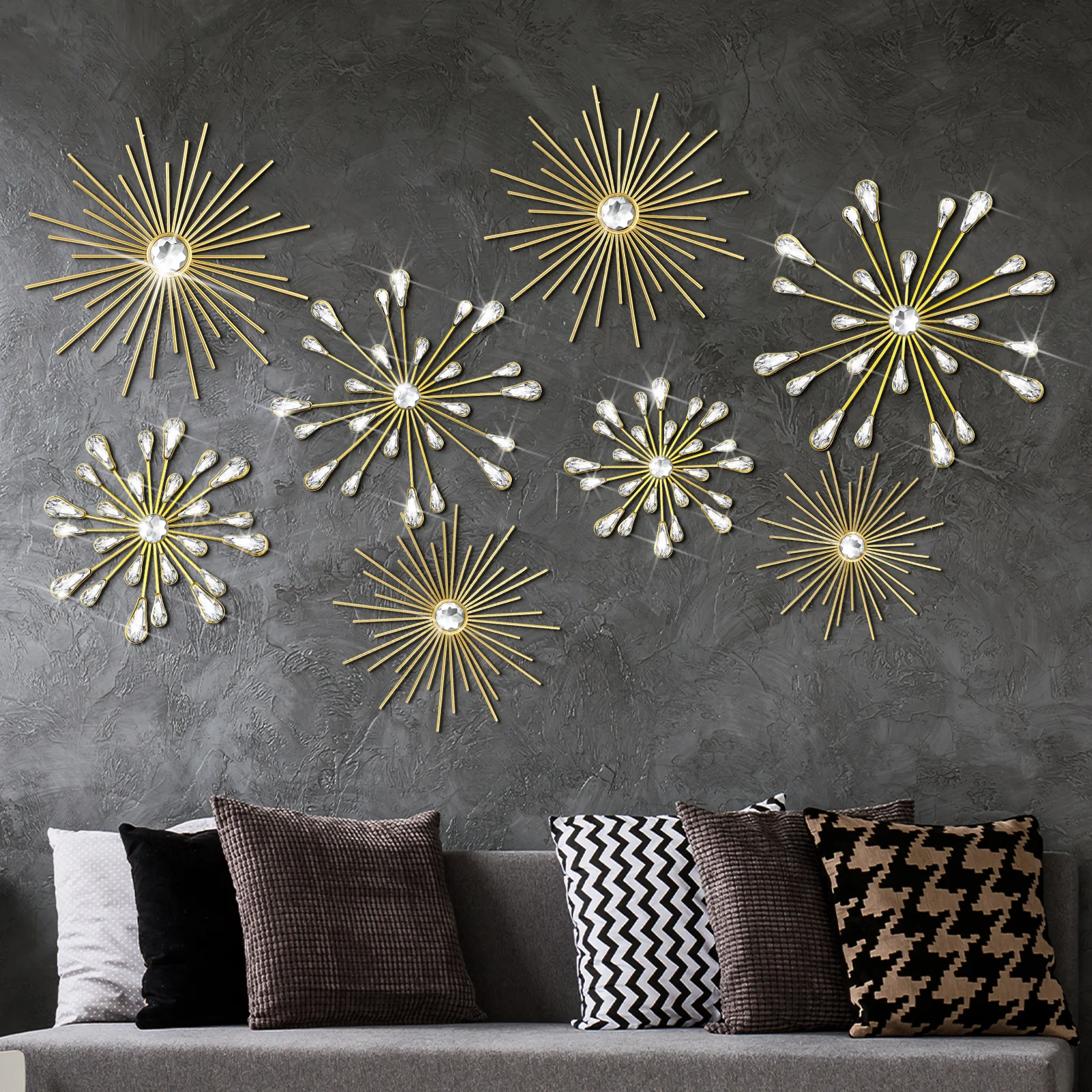 

[Golden Metal Decorations] Set of 8 Golden Metal Wall Decorations Featuring Cast Iron Starburst Designs with Crystal Embellishments, Perfect for Adding a Touch of Glamour to Your Living Room, Bedroom, Office, Or Entryway