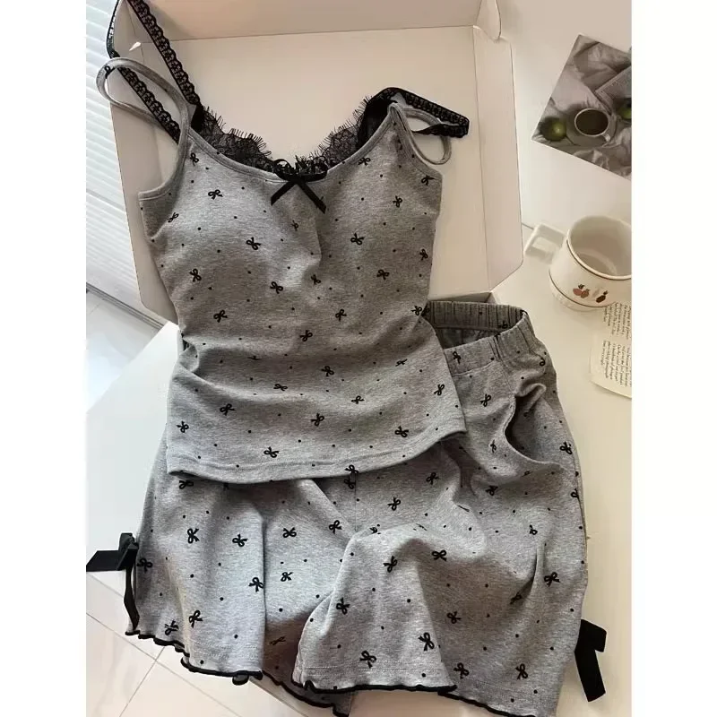 Women's Summer Hot Selling Suspender Sleepwear Home Suit Set with Polka Dot and Chest Cushion Sexy Home Sleepwear Two-Piece Set