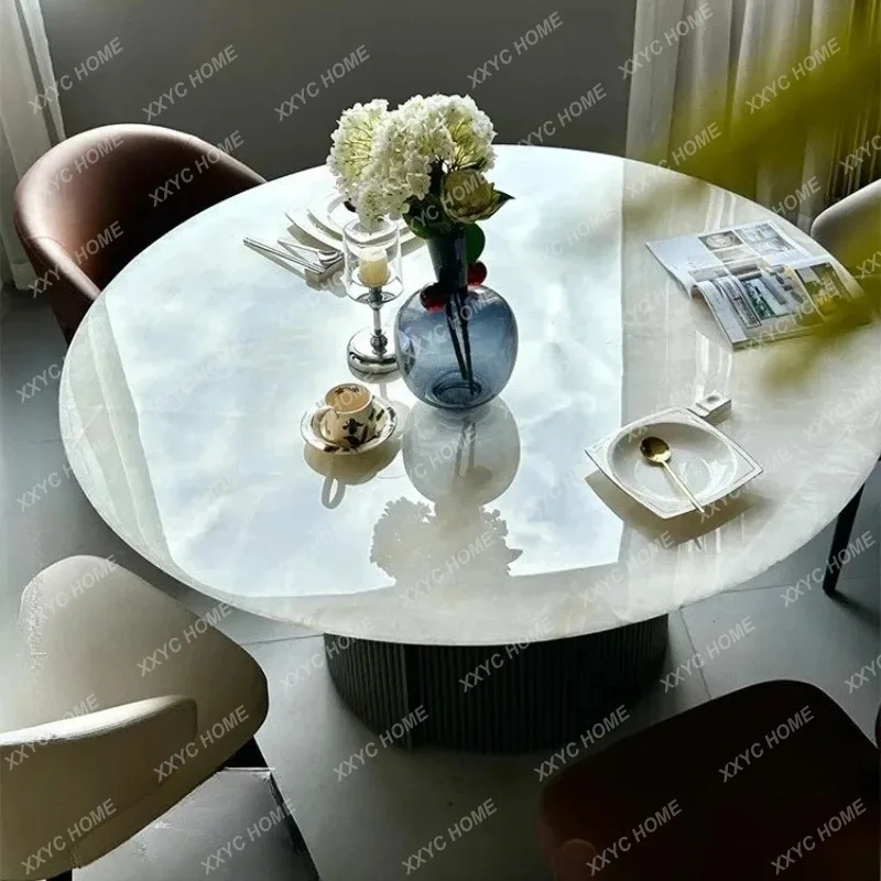 HHwhite ice jade natural marble round dining table high-end luxury home round luxury stone dining table A grade