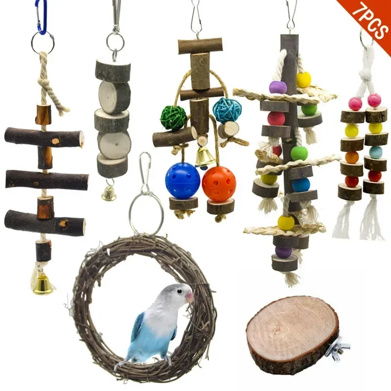 

7 Sets of Parrot Toys Pet Bird Toys All Log Toy with Skin Biting Toy Set Bird Ladder