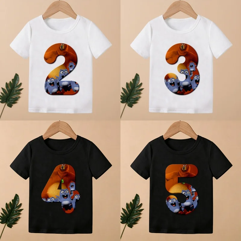 Sunlight Grizzy Bear Cartoon Print Number Kids T shirt 1 2 3 4 5 6 7 8 9 Years Birthday Baby Boys T-Shirts Cartoon Girls Clothes