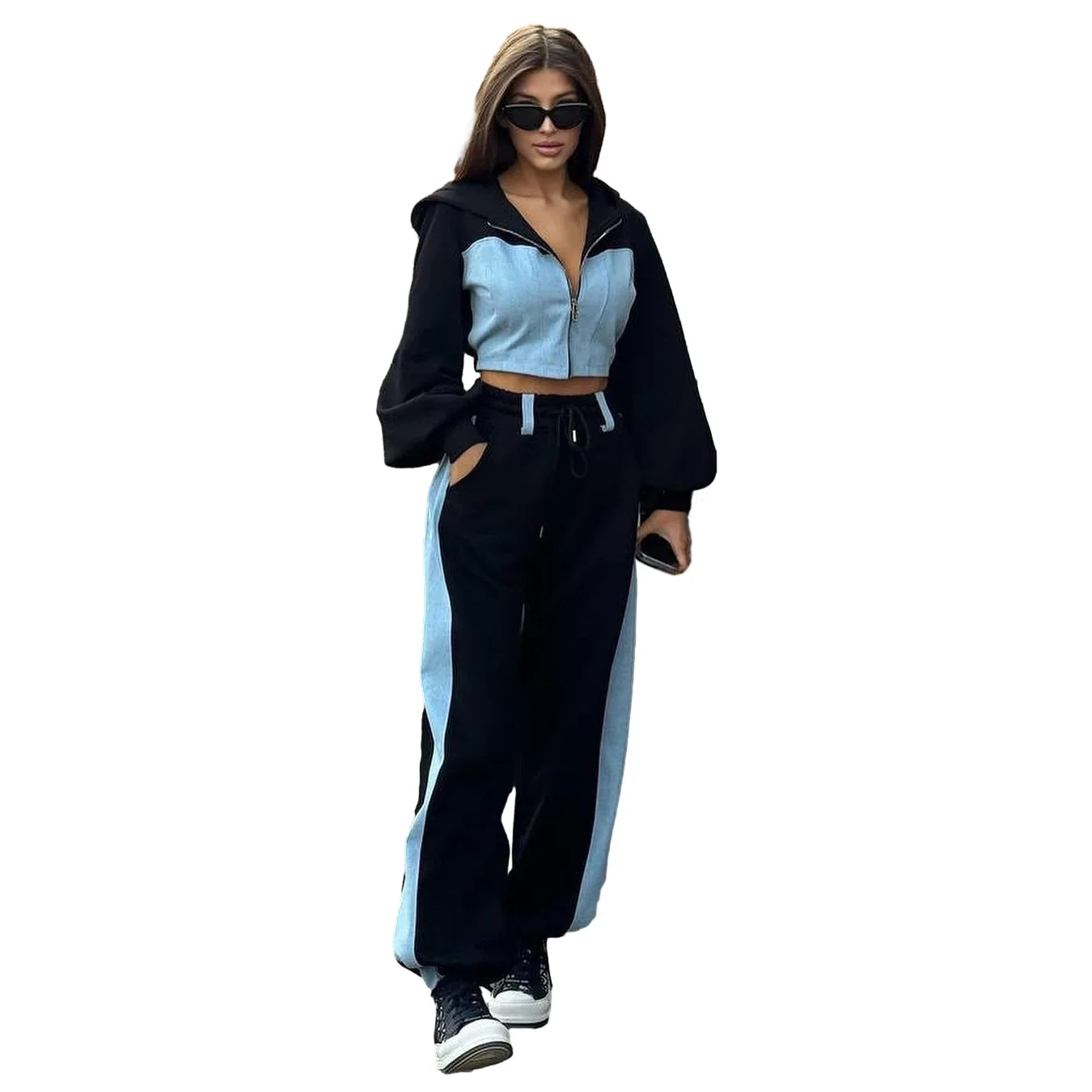 Women's Casual Fashion Short Sweatshirt Denim Patchwork Hooded Top Trousers Two-piece Suit Ensemble Femme 2 Pièces