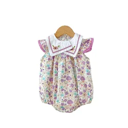 Summer Sleeveless Embroidery Square Collar Floral Infant Baby Girls Bodysuit Lovely Purple Flower One Piece Jumpsuit for Newborn