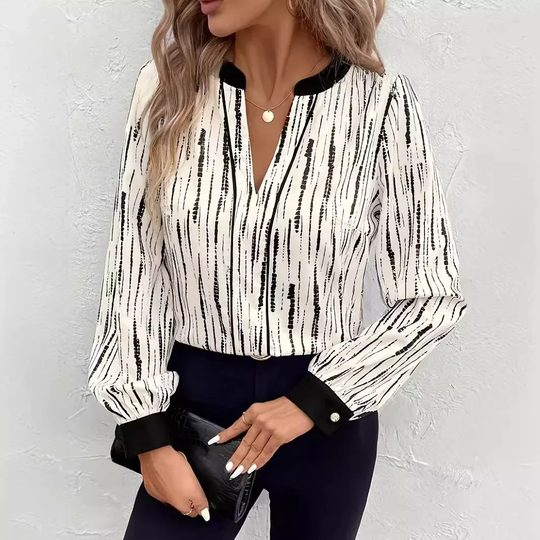 

New Striped Black and White Contrasting Color Deep V-neck Long-sleeved Shirt for Women, Suitable for Commuting and Office Wear