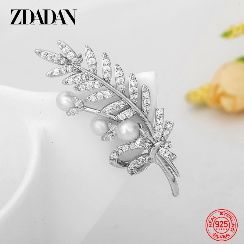 ZDADAN 925 Sterling Silver Leaf Crystal Brooch For Women Wedding Jewelry Accessories