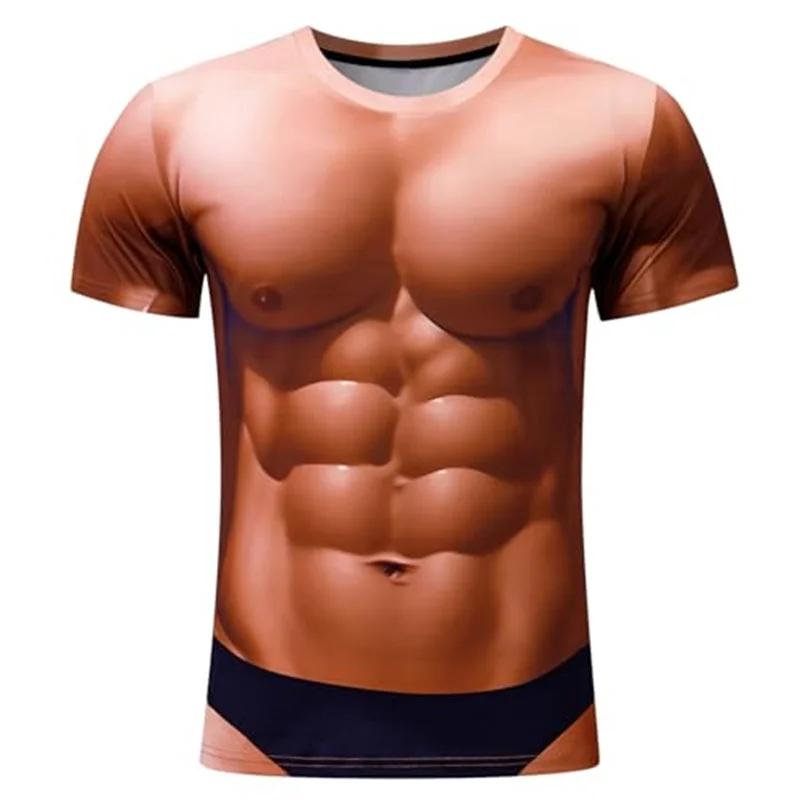 Divertenti magliette 3D finte in Abs per uomo T-Shirt oversize Sexy con grafica a maniche corte con grafica sul petto muscolare peloso