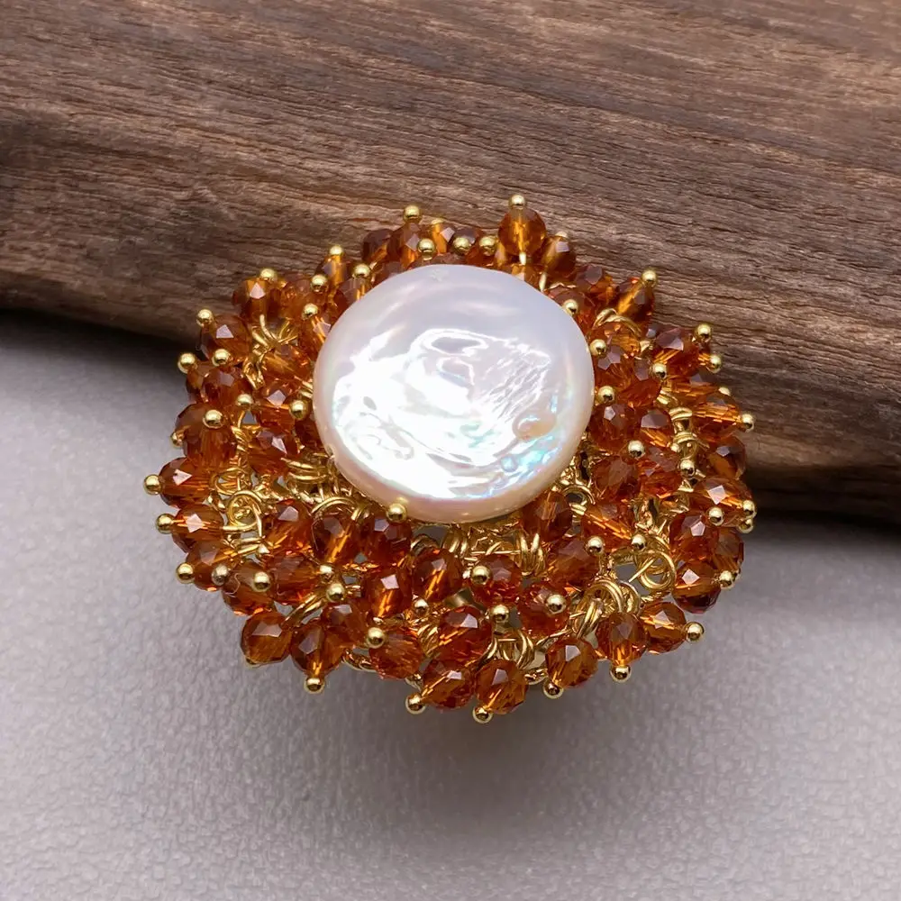 White Coin Pearl Brown Crystal Gold Plated Adjustable Ring - Image 4