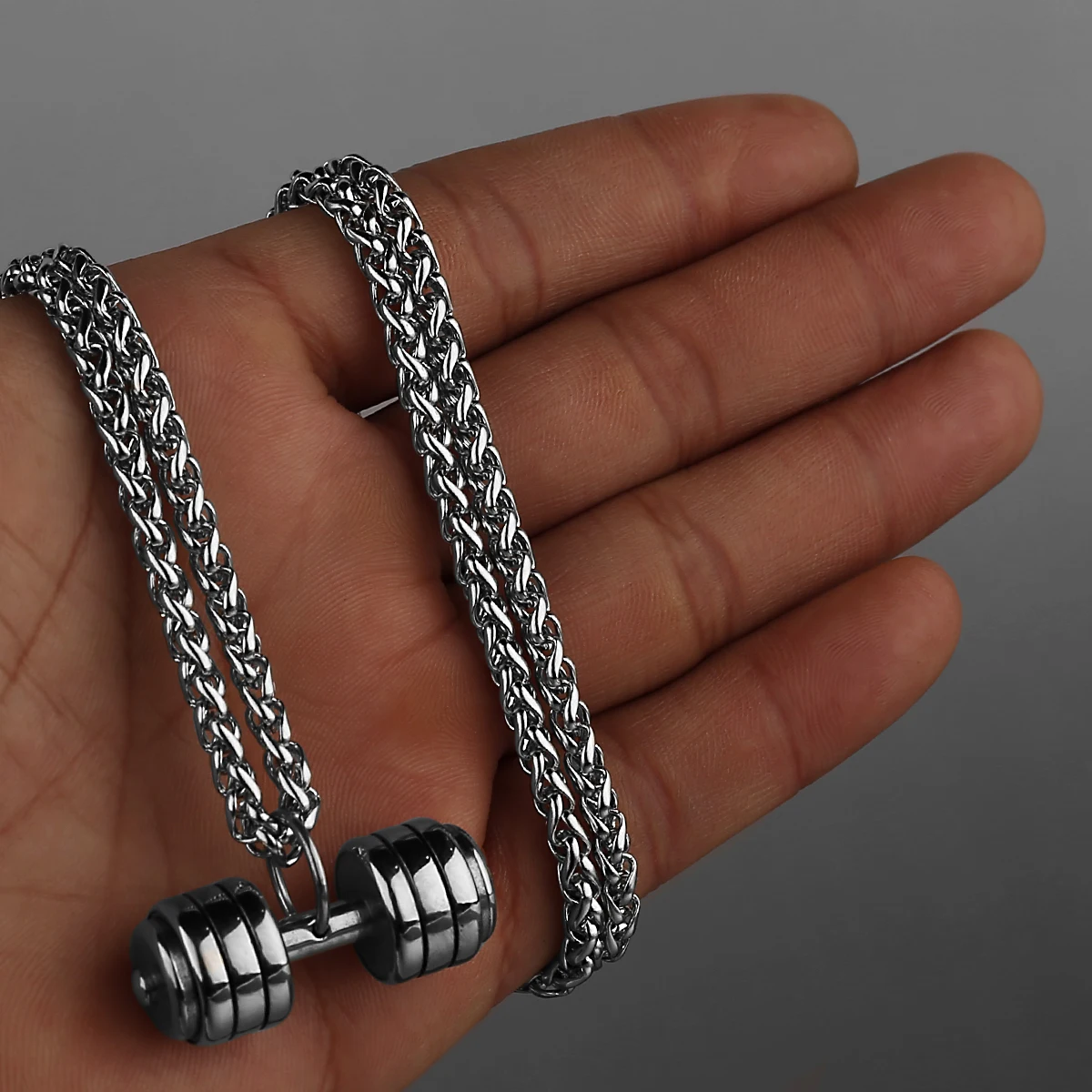 Men\'s Fitness Dumbbell Pendant Necklace Punk Hip Hop Silver Color Stainless Steel Necklace Jewelry Gift for Boyfriend