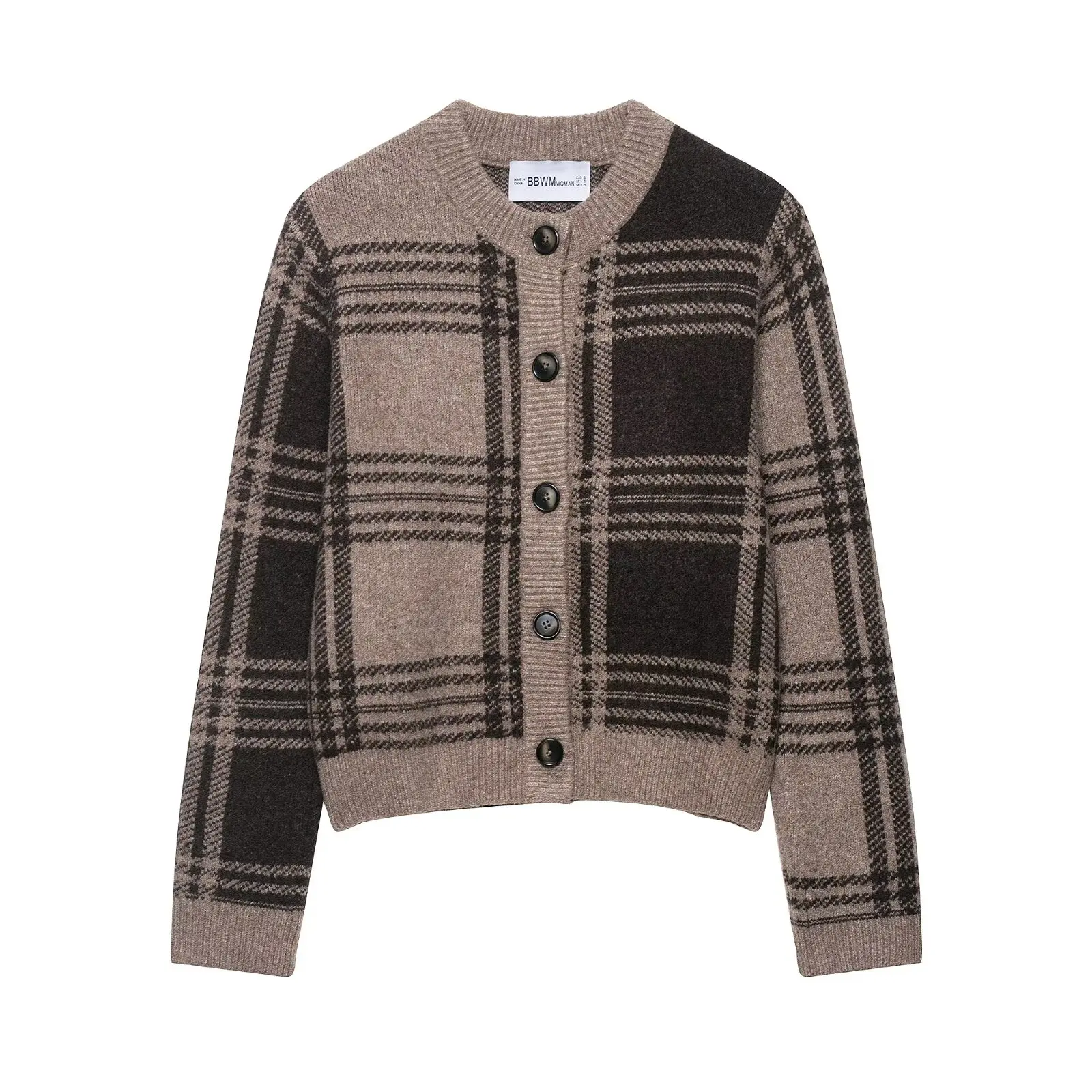 

Women's Knit Cardigan 2025 New Arrival Women's Fashionable Plaid Knit Cardigan