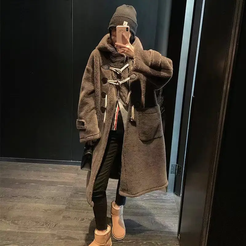 Corea clacson bottone lana Cashmere pelliccia sintetica lungo con cappuccio orsacchiotto cappotto donna Casual manica lunga giacca invernale manica lunga