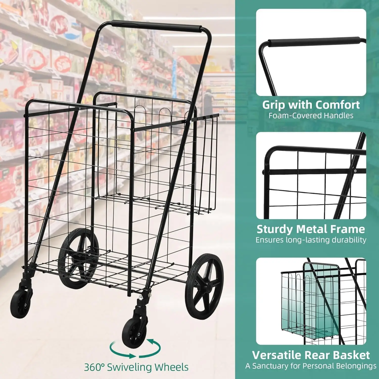 عربة تسوق قابلة للطي بعجلات، عربة بقالة محمولة مع سلة خلفية للتخزين والمنظم #5
