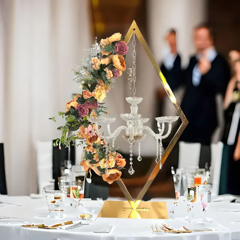 

120CM High Wedding Gold Metal Tall Diamond Table Centerpieces With Candle Holder For Wedding Backdrop Arch Stage Decor