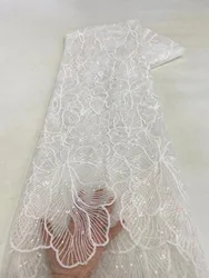 5 Yards 2024 High Quality Africa Nigeria French Tulle Lace Sequined Fabrics For Wedding White Luxury Handmade Sewing XT2837