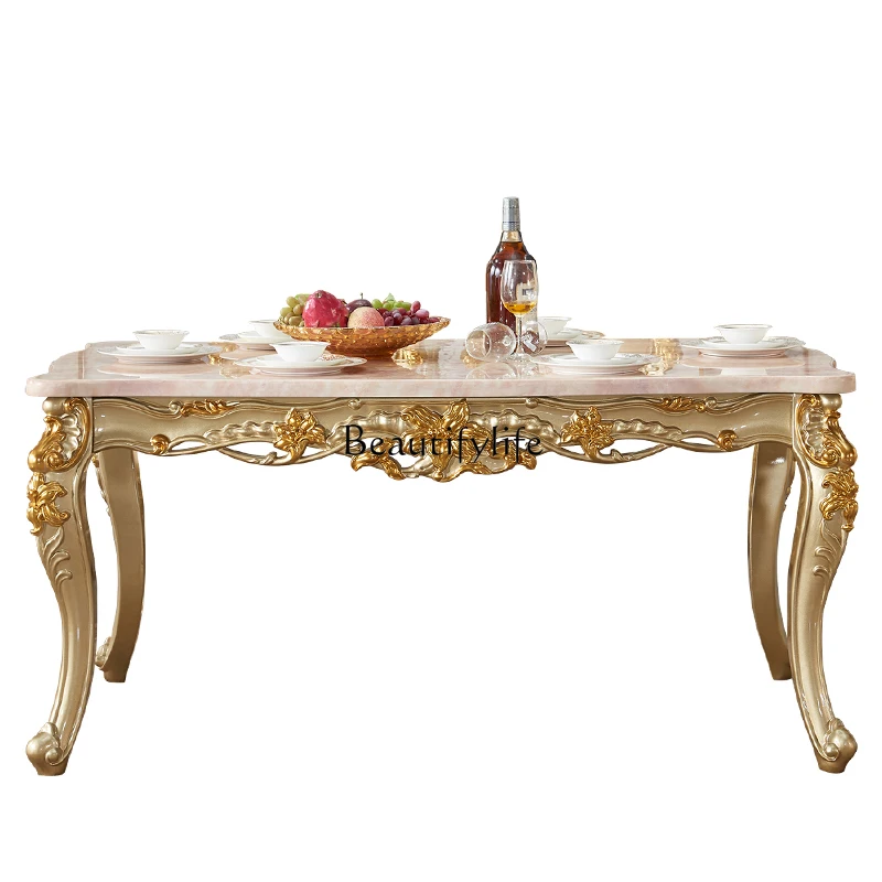 

European dining table champagne gold rectangular dining table villa living room marble home