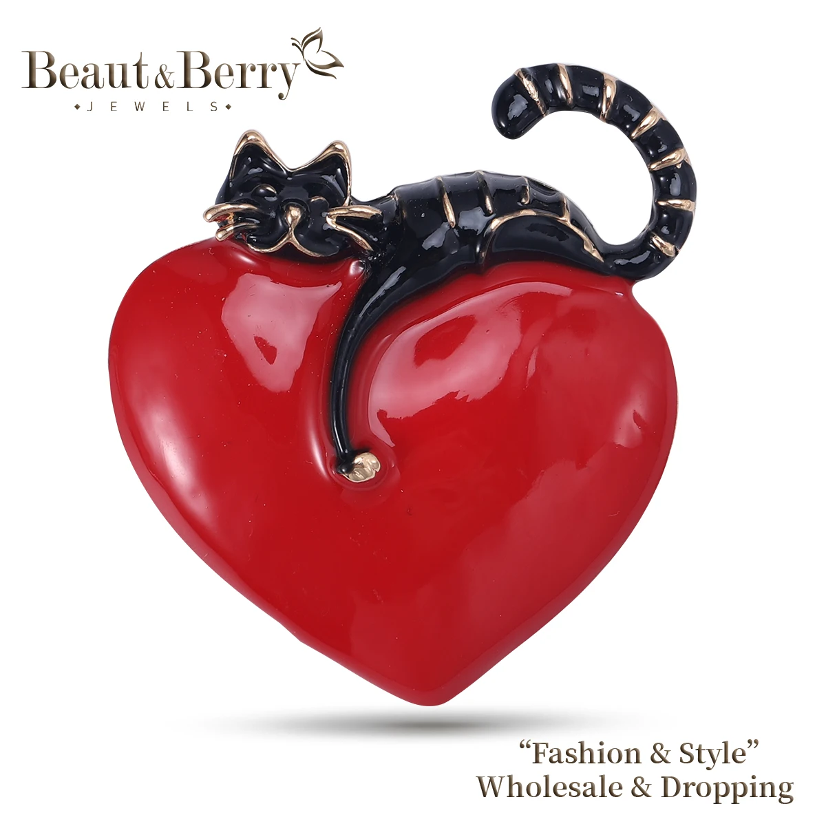 Beaut&Berry Trendy Enamel Love Cat Brooches 2-color Heart Animal Holiday Party Casual Pins Women's Accessories Gifts