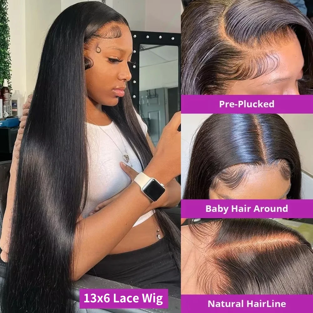 Parrucca per capelli umani diritta naturale densità 200% 13x4 13x6 HD parrucca frontale in pizzo trasparente donne capelli Remy 40 capelli brasiliani da 46 pollici