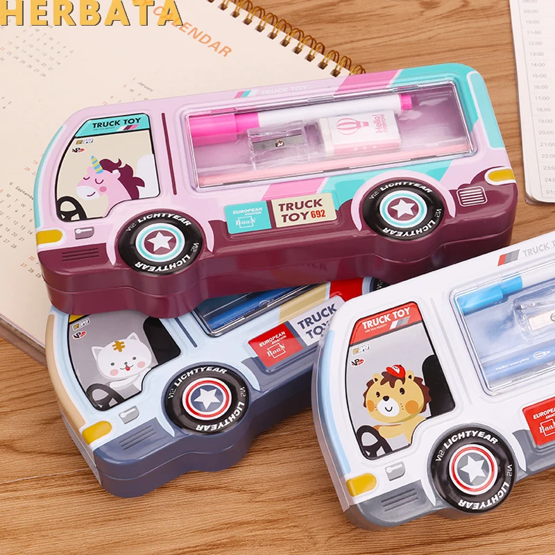 Cartoon truck pencil case, 3D pencil box with stationery set , double layer iron pencil holder kids stationery estuches CL-19182