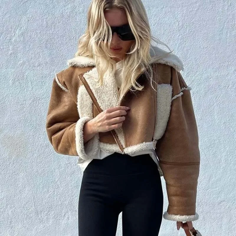 Women Faux Fur Lamb Jacket 2022 Winter Ladies Short Thick Coat Vintage High Street Warm Spliced Female Chic Outwear