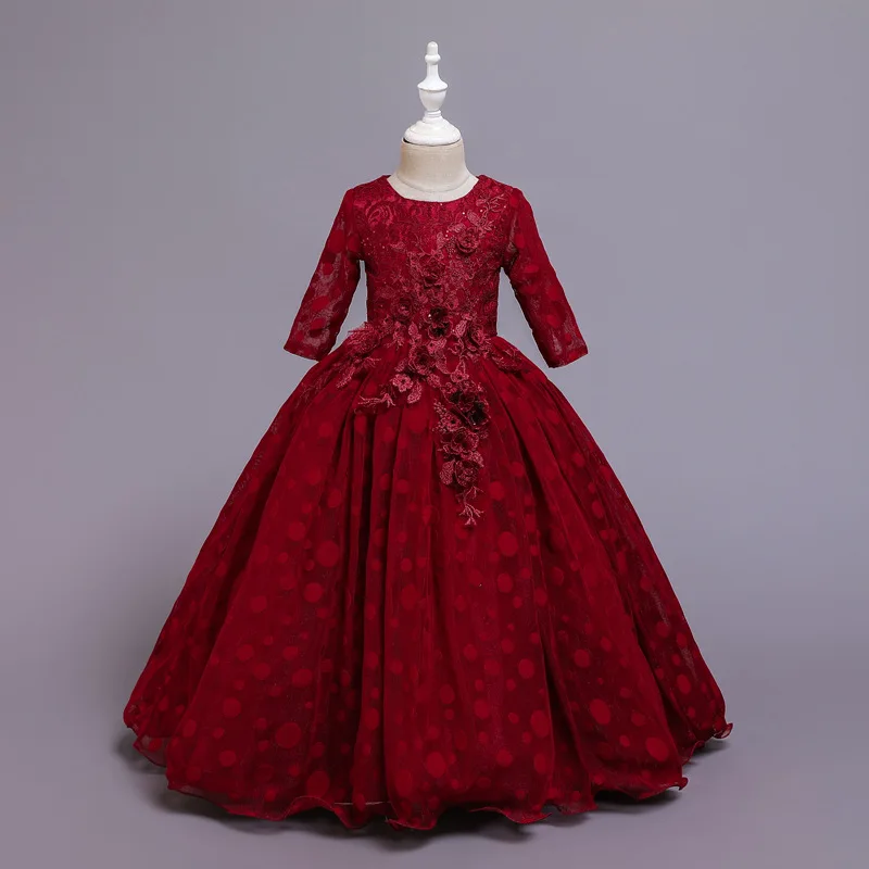 Robe de princesse à pois à manches longues pour filles, jupe de décoration, robes de demoiselle d'honneur, tenue de Rh, spectacle de piano