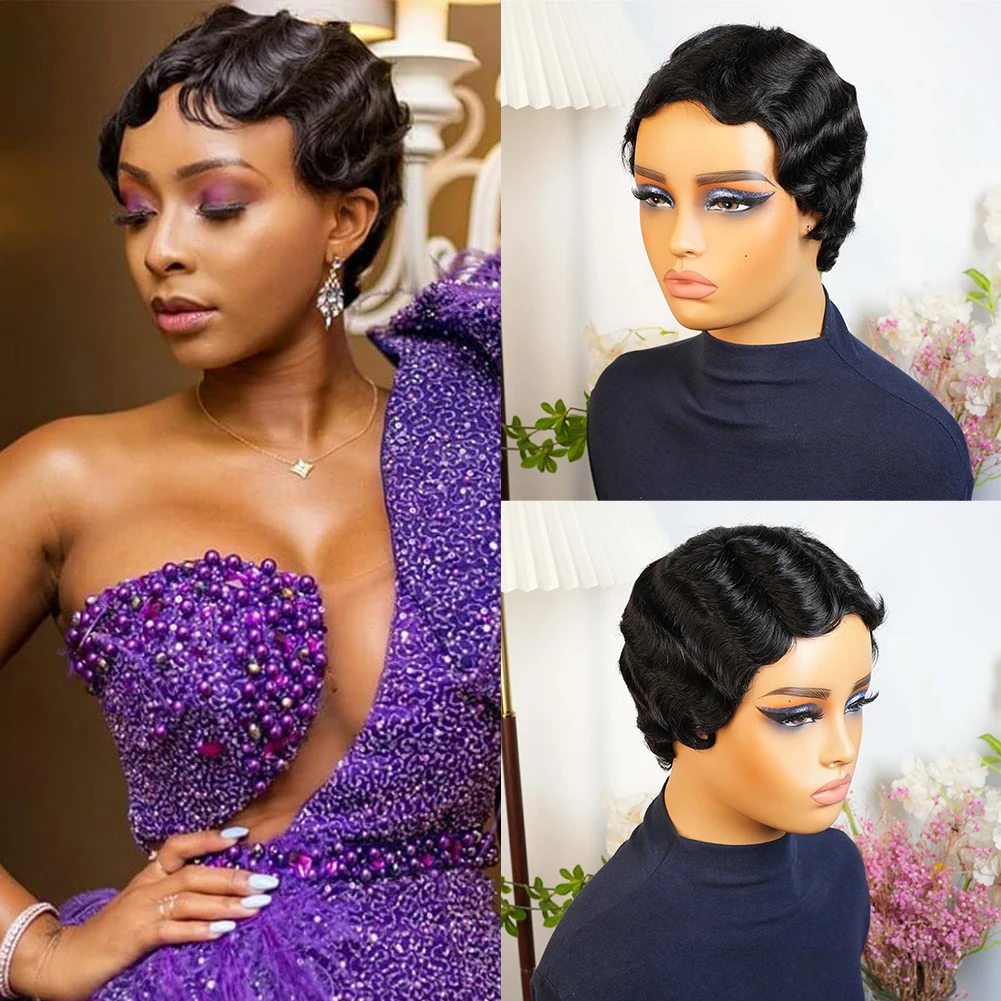 Parrucca corta con taglio pixie a onde da dito Parrucche brasiliane per capelli umani con attaccatura dei capelli pre-pizzicata per le donne Berretto fatto a macchina pronto da indossare